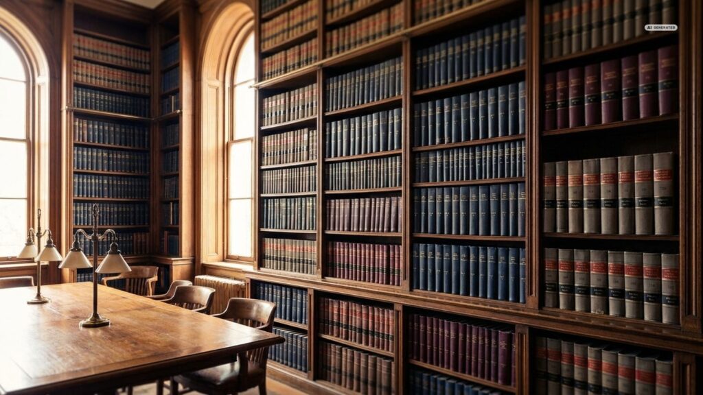 Juristische Bibliothek – KI-generiert (Nano Banana Pro), EU-KI-Kennzeichnung eingebrannt