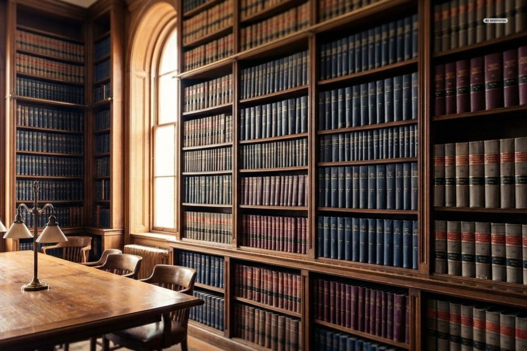 Juristische Bibliothek – KI-generiert (Nano Banana Pro), EU-KI-Kennzeichnung eingebrannt