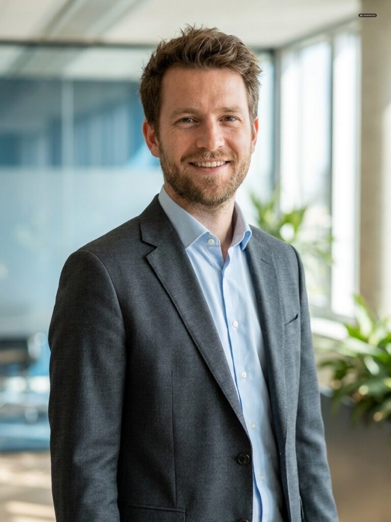 Max Mueller (fiktiv) – KI-generiert (Nano Banana Pro), EU-KI-Kennzeichnung eingebrannt
